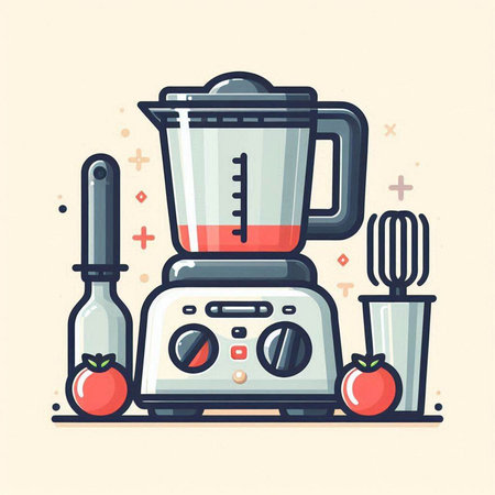 Kitchen blender with ingredients for cooking. Colorful flat vector illustration.のイラスト素材