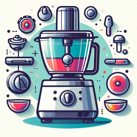 Modern flat style vector illustration of a blender with different kitchen utensils.のイラスト素材