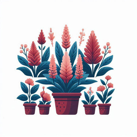 Flowers in pots isolated on white background. Hand drawn vector illustration.のイラスト素材