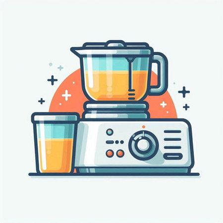 Juicer and glass of juice. Flat line style vector illustration.のイラスト素材