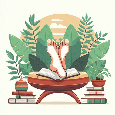 Vector illustration of woman feet on wooden table with books and plants.のイラスト素材