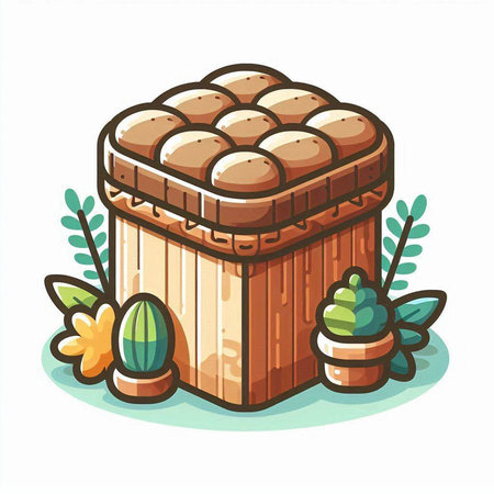Illustration of a wooden box with a cactus on a white backgroundのイラスト素材