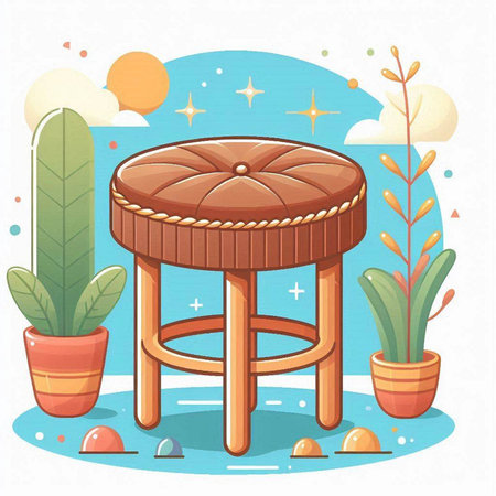 Illustration of a Wooden Stool in Front of a Potted Plantのイラスト素材