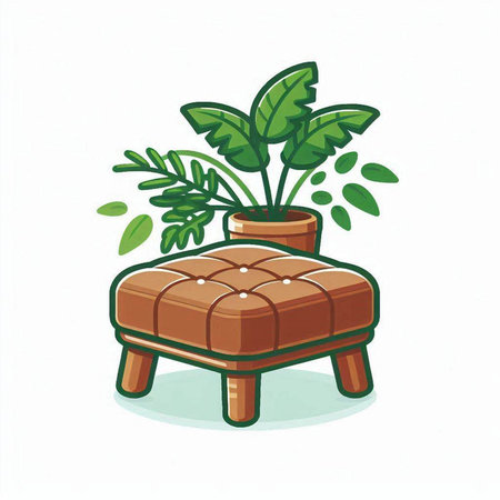 Illustration of a wooden stool with a plant on a white backgroundのイラスト素材