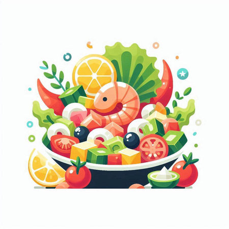 Salad with shrimps, tomatoes, cucumbers, olives and lemon. Vector illustrationのイラスト素材