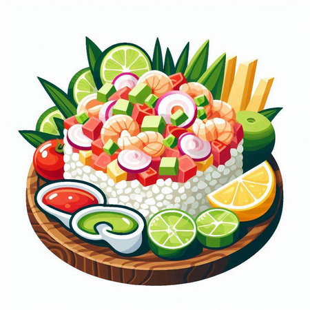 Illustration of sushi with shrimps and vegetables on a white backgroundのイラスト素材