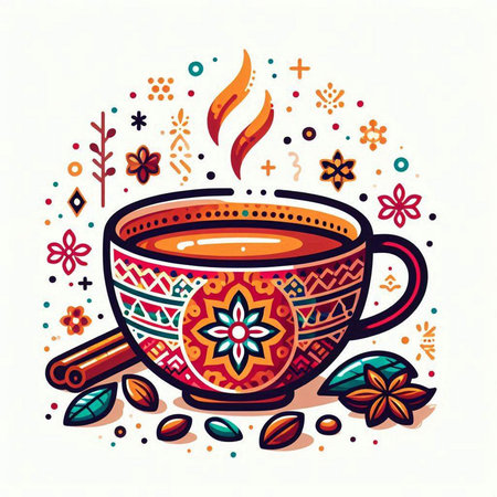 Coffee cup with floral ornament and cinnamon. Vector illustration.のイラスト素材