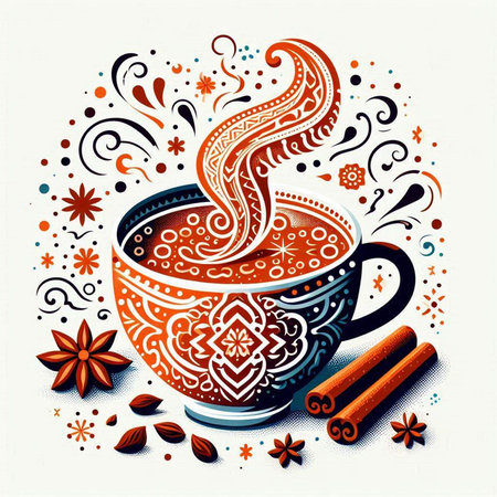 Cup of coffee with floral ornament and cinnamon. Vector illustration.のイラスト素材