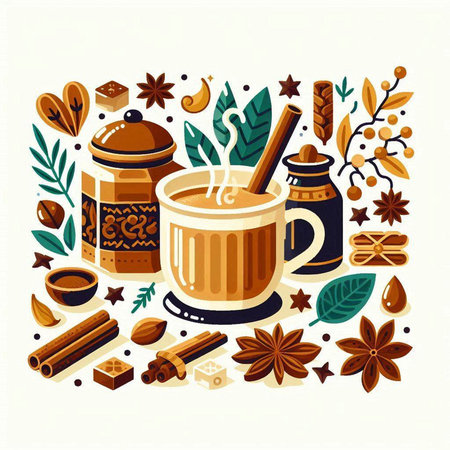 Cup of hot tea with cinnamon, star anise, coffee beans, anise, cinnamon sticks. Vector illustration.のイラスト素材