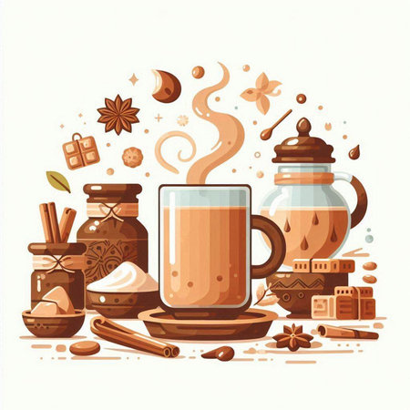 Coffee in a glass jar, cinnamon, anise, ginger, coffee beans, cocoa powder, sugar cubes. Vector illustration.のイラスト素材