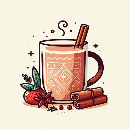 Mulled wine with cinnamon, anise and strawberries. Vector illustration.のイラスト素材