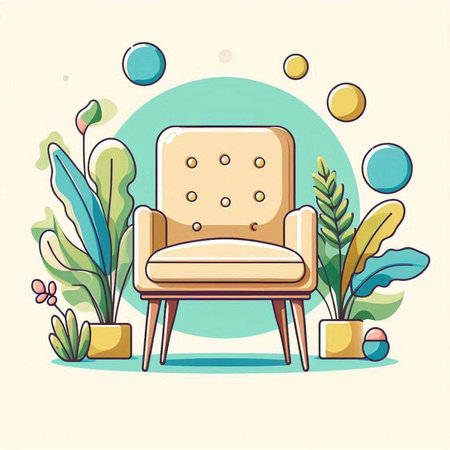 Comfortable armchair in the room with plants. Vector illustration.のイラスト素材