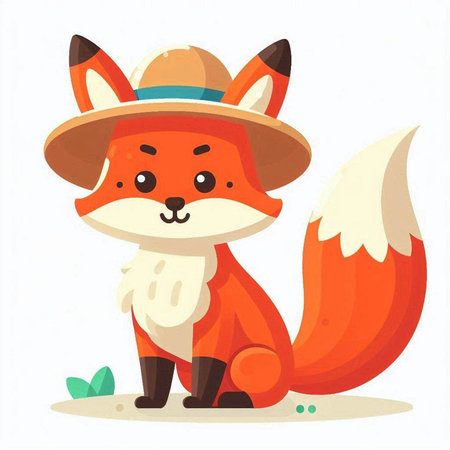 Cute cartoon fox in a hat. Vector illustration isolated on white background.のイラスト素材