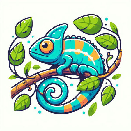 Cute cartoon chameleon on the tree. Vector illustration.のイラスト素材