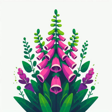 Vector illustration of pink foxglove flowers with green leaves on white backgroundのイラスト素材