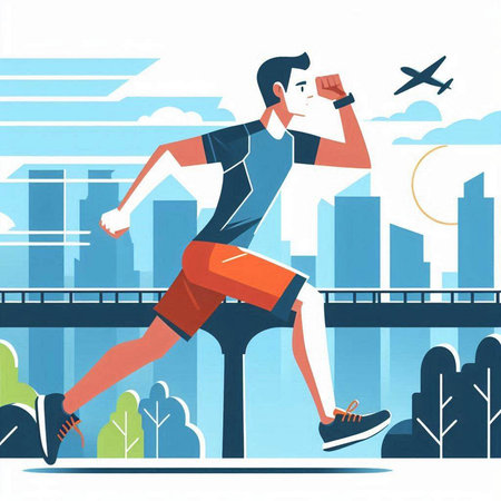 Running man, jogging in the city. Vector illustration in flat styleのイラスト素材
