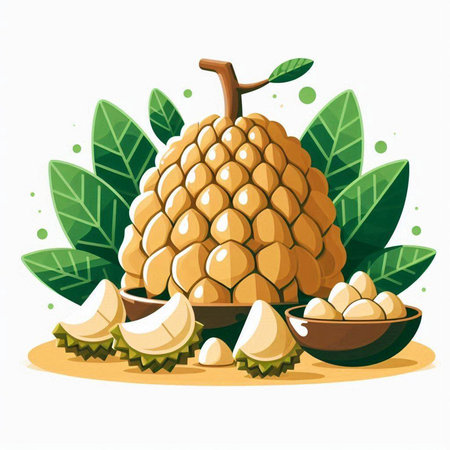 Illustration of durian fruit with leaves on white background - vectorのイラスト素材