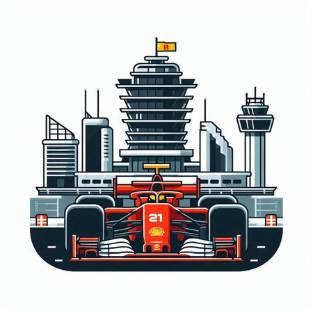 Race car on the background of skyscrapers. Vector illustration.のイラスト素材