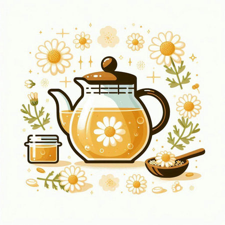 Vector illustration of chamomile tea in a glass teapotのイラスト素材