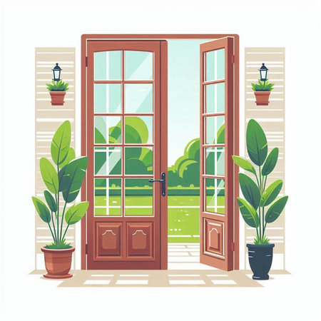 Vector illustration of a wooden door with a window and a plant.のイラスト素材