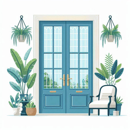 Vector illustration of a blue door with plants and chair in a potのイラスト素材