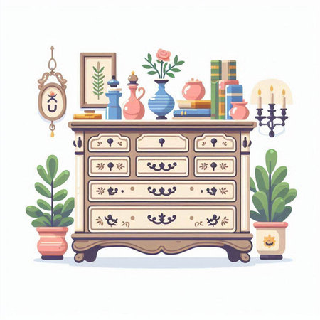 Cabinet with books, candlesticks and vases. Vector illustrationのイラスト素材