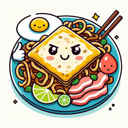 Kawaii noodle with fried egg and vegetables. Vector illustration.のイラスト素材