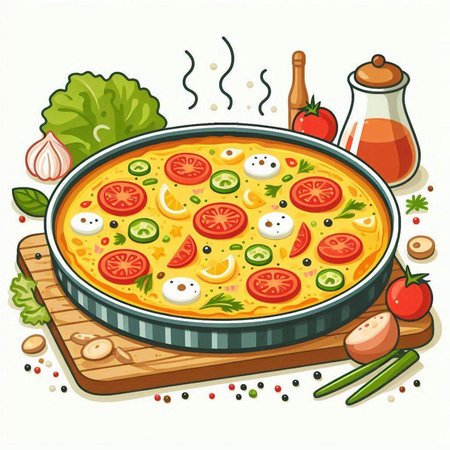 Illustration of omelette with tomatoes, onion and mozzarellaのイラスト素材