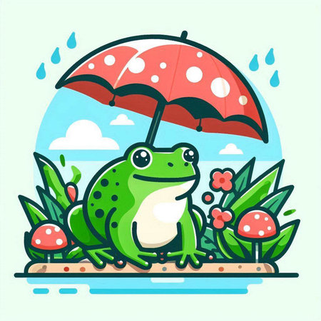 Frog with umbrella in the rain. Vector illustration in cartoon style.のイラスト素材