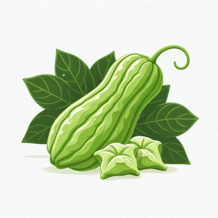 Illustration of bitter gourd with leaves on white background.のイラスト素材
