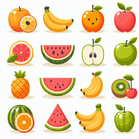 Fruit icon set. Vector illustration in flat style. Isolated on white background.のイラスト素材