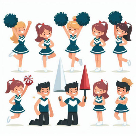 Cheerleader character set. Cheerleader boy and girl. Cheerleader in uniform. Vector illustrationのイラスト素材