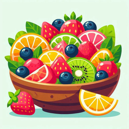 Fruit salad in a bowl. Vector illustration in cartoon style.のイラスト素材