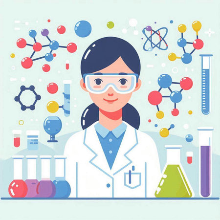 Female scientist working in laboratory. Vector illustration in flat design style.のイラスト素材
