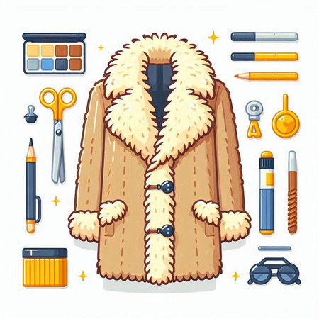 Vector illustration of a woman's fur coat with accessories and cosmetics.のイラスト素材