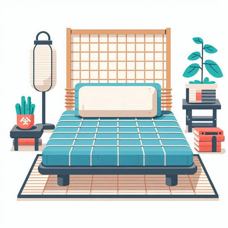 Vector illustration of a bed in a Japanese style. Bedroom interior.のイラスト素材