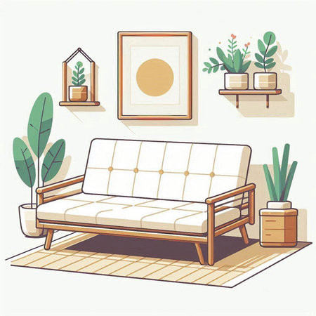 Modern living room interior with sofa and plants. Flat vector illustration.のイラスト素材