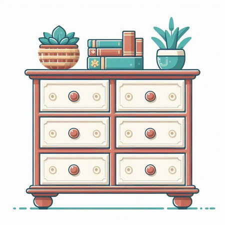 Vector illustration of a chest of drawers with books and plants.のイラスト素材