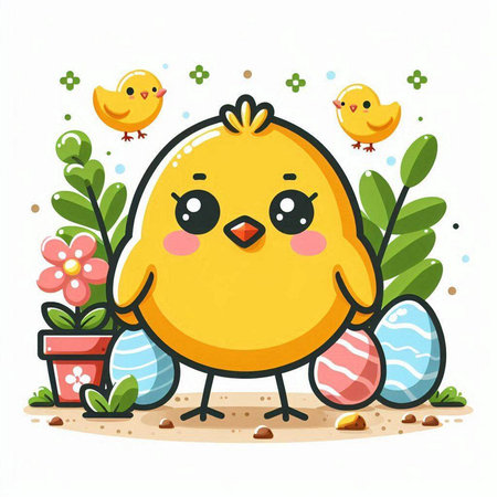 Cute cartoon chicken with flowers and Easter eggs. Vector illustration.のイラスト素材