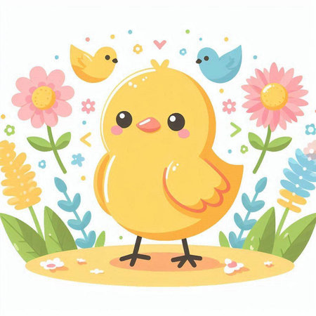 Cute little chicken on a background of flowers. Vector illustration.のイラスト素材