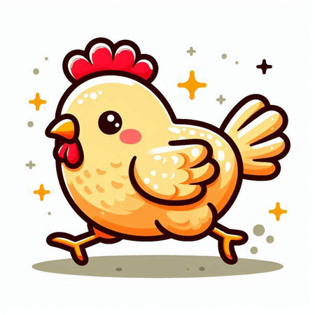 Cute chicken running in the starry sky. Vector illustration.のイラスト素材