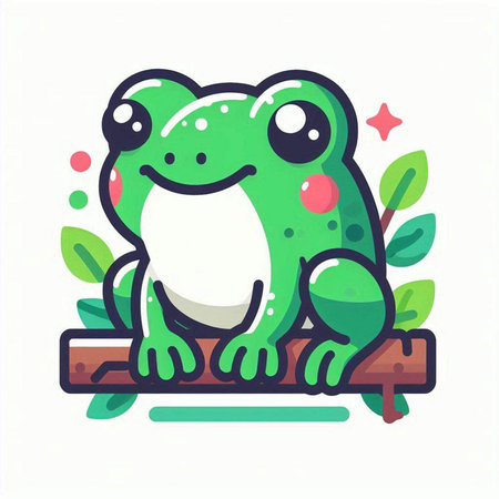 Cute cartoon frog sitting on a tree branch. Vector illustration.のイラスト素材