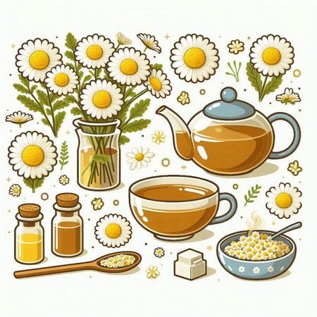 Vector set with chamomile tea, teapot, sugar cubes, honey and flowers.のイラスト素材