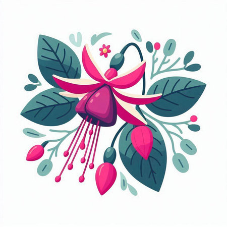 Fuchsia flowers with leaves. Vector illustration in cartoon style.のイラスト素材