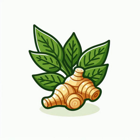 Ginger root with leaves. Vector illustration isolated on white background.のイラスト素材