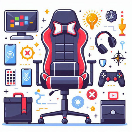 Vector illustration of office chair in flat style with icons and symbols.のイラスト素材