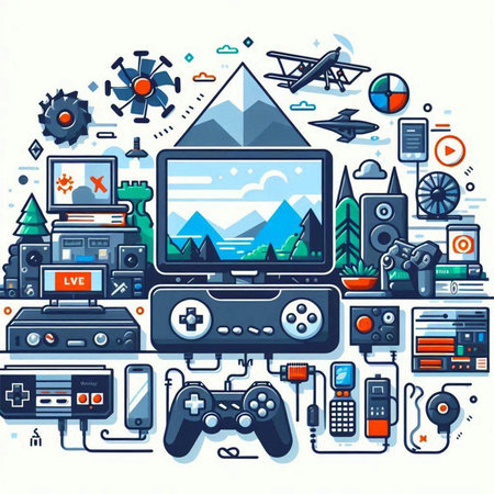 Vector illustration of a flat line art set of video games and entertainmentのイラスト素材