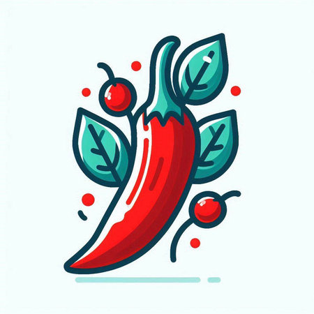 Chilli icon. Vector illustration of a spicy red pepper with leaves and berries.のイラスト素材