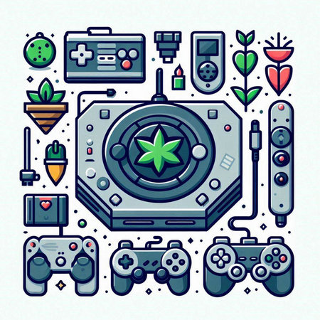 Vector line art illustration of video game equipment. Colorful linear icons set.のイラスト素材