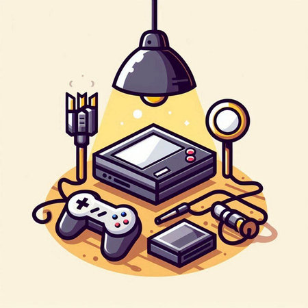 Vector illustration of a video game console, gamepad, joystick and other equipmentのイラスト素材